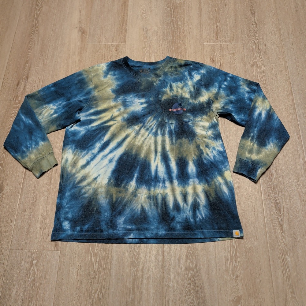 Carhartt Tie Dye Long Sleeve Shirt Men 2XL Blue Relaxed Fit Pocket Big Logo